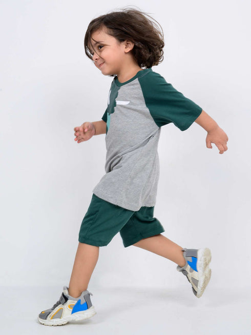 Oversized Mighty Monster Raglan Cotton Short Set (Green-Gray)
